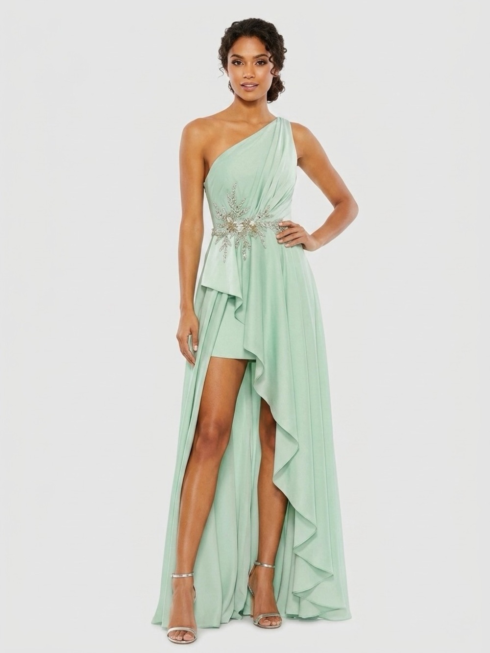 Mac Duggal One-Shoulder Mint Green High-Low Evening Gown